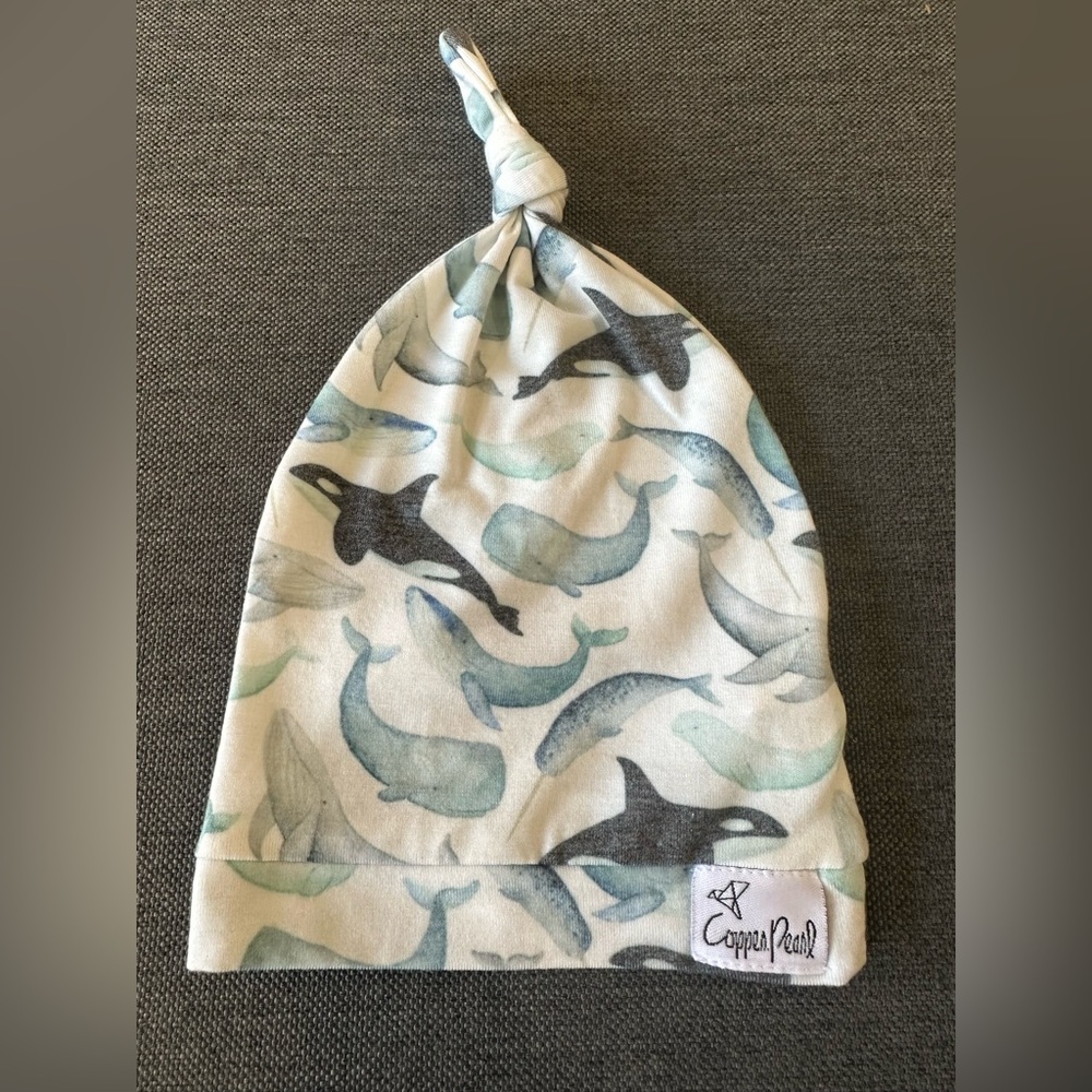 Brand New without tag- Copper Pearl newborn top knot hat- Whales